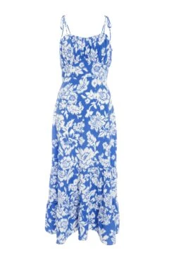 Blue Floral Strappy Midi Dress