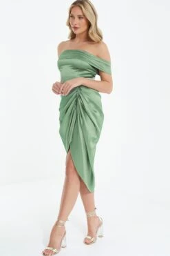 Sage Satin Ruched Bardot Midi Dress 11 Sage Satin Ruched Bardot Midi Dress -Princess Style Shop 00100038471 XS