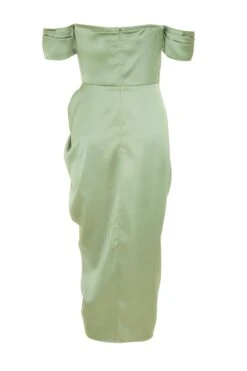 Sage Satin Ruched Bardot Midi Dress 12 Sage Satin Ruched Bardot Midi Dress -Princess Style Shop 00100038471 ZB