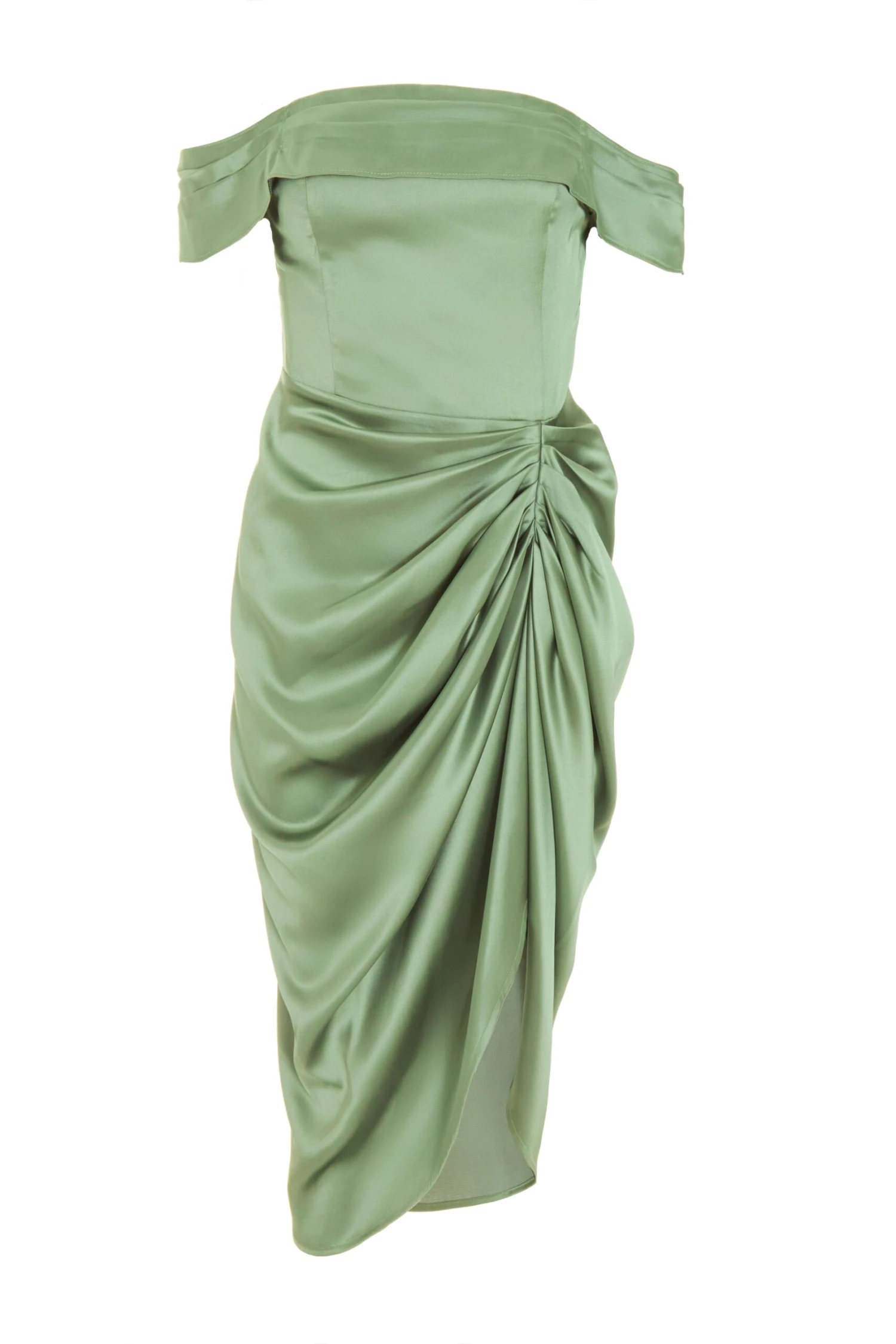 Sage Satin Ruched Bardot Midi Dress 3 Sage Satin Ruched Bardot Midi Dress