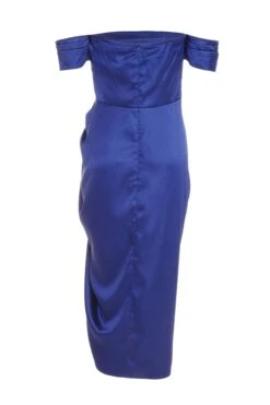 Navy Satin Ruched Bardot Midi Dress 12 Navy Satin Ruched Bardot Midi Dress -Princess Style Shop 00100038472 ZB