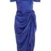 Navy Satin Ruched Bardot Midi Dress -Princess Style Shop 00100038472 ZM