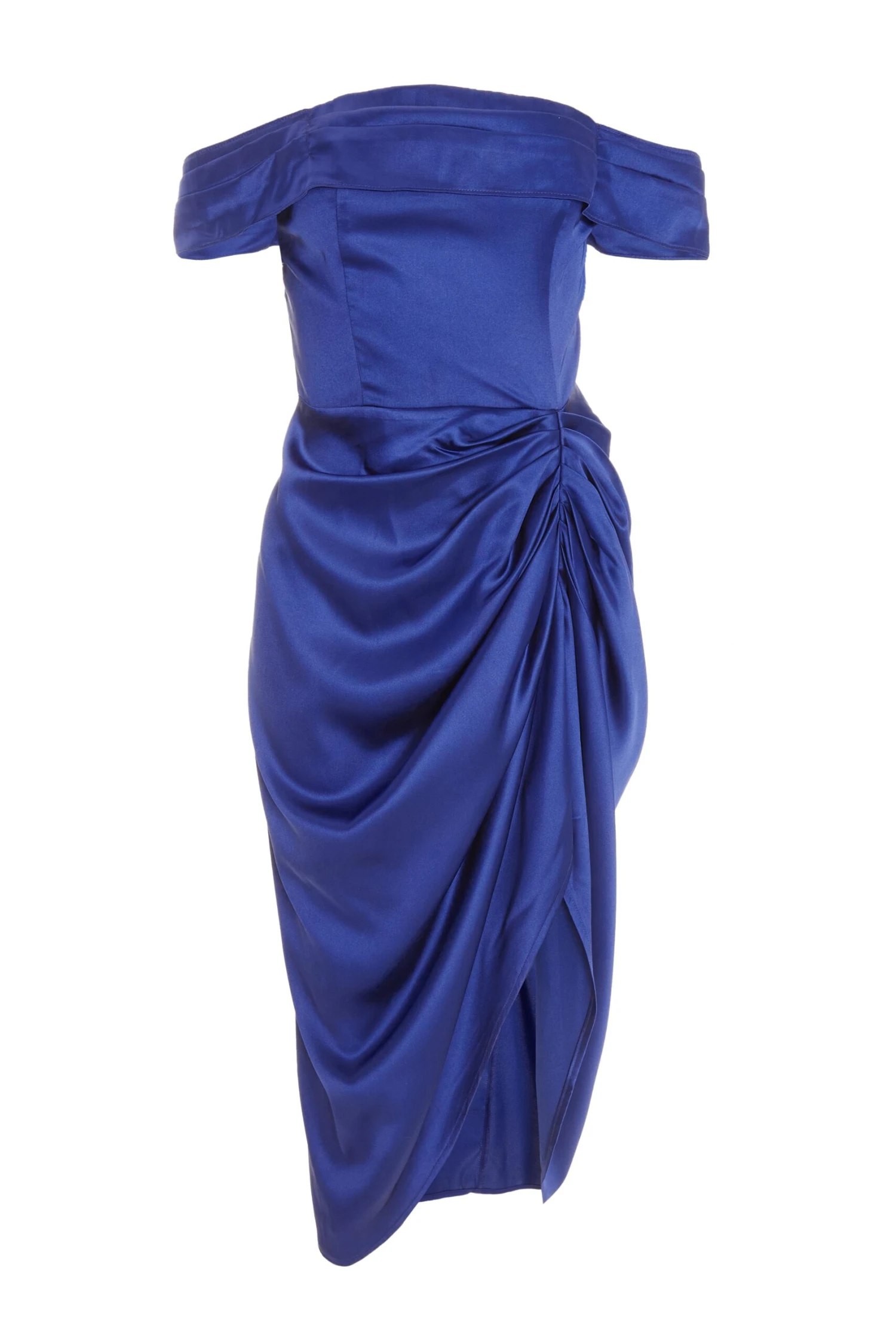 Navy Satin Ruched Bardot Midi Dress 3 Navy Satin Ruched Bardot Midi Dress