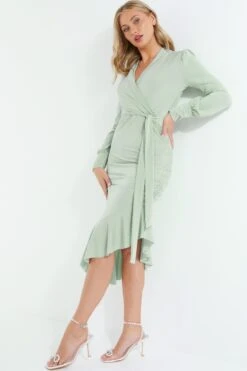 Sage Long Sleeve Frill Midi Dress -Princess Style Shop 00100038498 XS