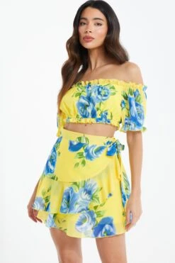 Yellow Floral Wrap Mini Skirt -Princess Style Shop 00100038548 XM