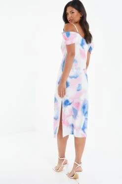 Blue Satin Marble Print Midi Dress -Princess Style Shop 00100038641 XB