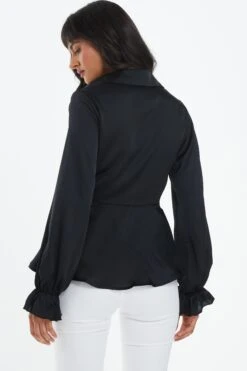 Black Satin Frill Cuff Blouse -Princess Style Shop 00100038666 XB