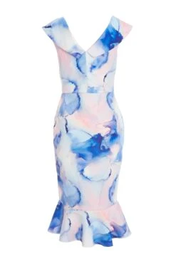 Blue Marble Print Bardot Midi Dress -Princess Style Shop 00100038685 ZB