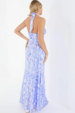Blue Marble Print Halter Neck Maxi Dress -Princess Style Shop 00100038774 XB
