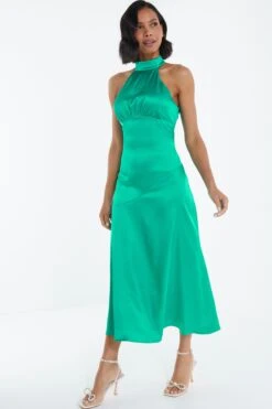 Jade Green Satin High Neck Midi Dress -Princess Style Shop 00100038868 XS