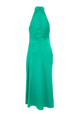 Jade Green Satin High Neck Midi Dress -Princess Style Shop 00100038868 ZB