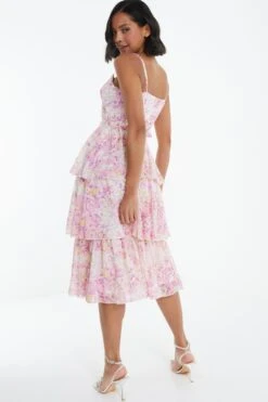 Pink Floral Tiered Midi Dress -Princess Style Shop 00100038871 XB