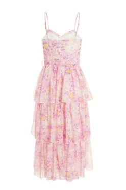 Pink Floral Tiered Midi Dress -Princess Style Shop 00100038871 ZB
