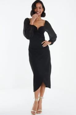 Black Ruched Mesh Midi Dress 11 Black Ruched Mesh Midi Dress -Princess Style Shop 00100038877 XS
