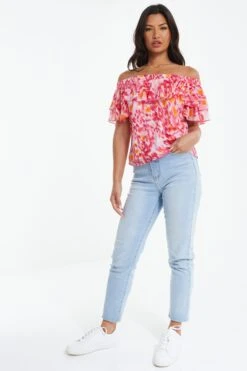 Pink Brush Stroke Print Bardot Top -Princess Style Shop 00100038959 XS