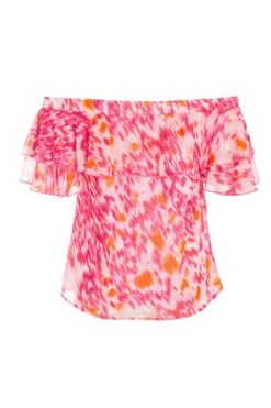 Pink Brush Stroke Print Bardot Top -Princess Style Shop 00100038959 ZB
