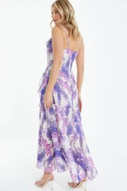 Purple Floral Print Frill Maxi Dress -Princess Style Shop 00100039043 XB