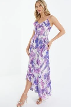 Purple Floral Print Frill Maxi Dress -Princess Style Shop 00100039043 XS