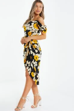 Black Floral Cold Shoulder Midi Dress -Princess Style Shop 00100039068 XS