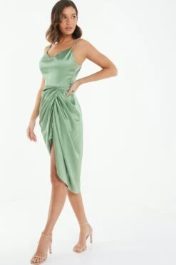 Khaki Satin Ruched Midi Dress -Princess Style Shop 00100039127 XS