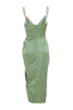 Khaki Satin Ruched Midi Dress -Princess Style Shop 00100039127 ZB