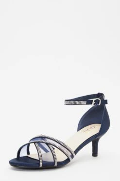 Navy Satin Diamante Mesh Low Heeled Sandals -Princess Style Shop 00100039206 XB