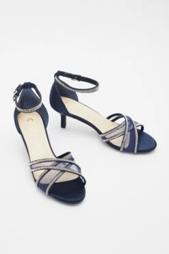 Navy Satin Diamante Mesh Low Heeled Sandals -Princess Style Shop 00100039206 XS