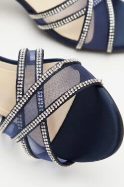 Navy Satin Diamante Mesh Low Heeled Sandals -Princess Style Shop 00100039206 ZB