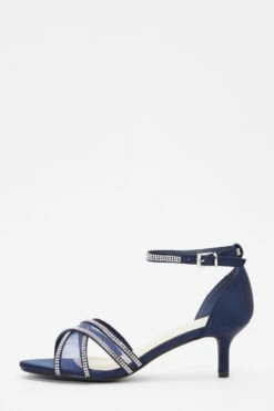 Navy Satin Diamante Mesh Low Heeled Sandals