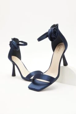 Navy Satin Corsage Heeled Sandals -Princess Style Shop 00100039216 XS