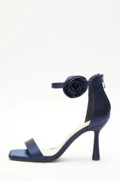 Navy Satin Corsage Heeled Sandals