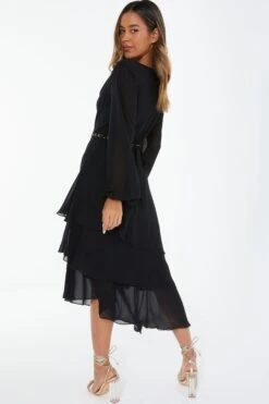 Black Long Sleeve Tiered Midi Dress -Princess Style Shop 00100039359 XB