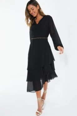 Black Long Sleeve Tiered Midi Dress -Princess Style Shop 00100039359 XS