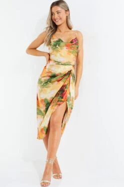 Multicolored Satin Marble Print Ruched Midi Dress -Princess Style Shop 00100039375 XM
