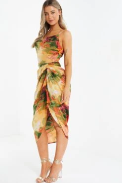Multicolored Satin Marble Print Ruched Midi Dress -Princess Style Shop 00100039375 XS