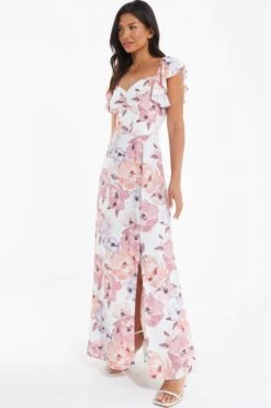 Pink Floral Frill Sleeve Maxi Dress -Princess Style Shop 00100039502 XS