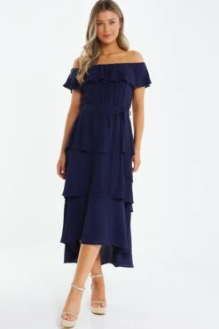 Navy Bardot Dip Hem Midi Dress -Princess Style Shop 00100039504 XM