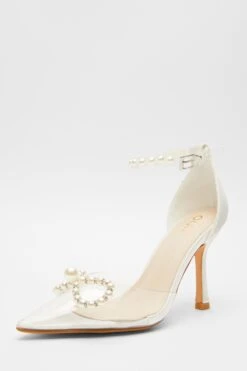 White Satin Clear Pearl Bow Court Heels -Princess Style Shop 00100039715 XB