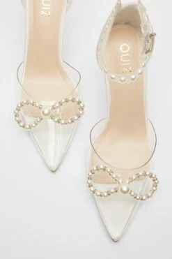 White Satin Clear Pearl Bow Court Heels -Princess Style Shop 00100039715 XS