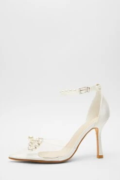 White Satin Clear Pearl Bow Court Heels