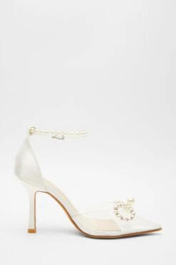 White Satin Clear Pearl Bow Court Heels -Princess Style Shop 00100039715 ZS