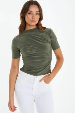 Khaki Ruched High Neck Top -Princess Style Shop 00100039730 XM
